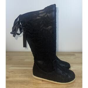 A Bear Co Girls Size 12 Black Lace Knee High Boots Ribbon Back Detail NEW
